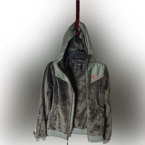 NWT North Face Dark Olive Green W/ coral accents full zip furry Hoodie. Women XS